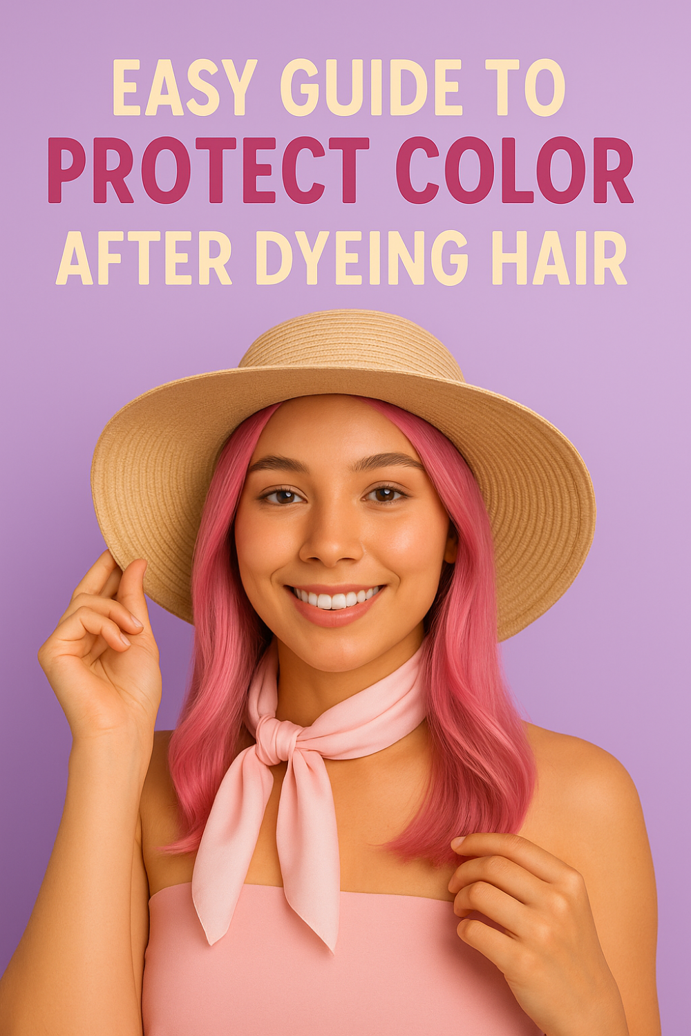 Smiling woman with pastel-pink dyed hair wears a straw hat and silk scarf against a lavender background, illustrating an easy guide to protect color after dyeing hair.