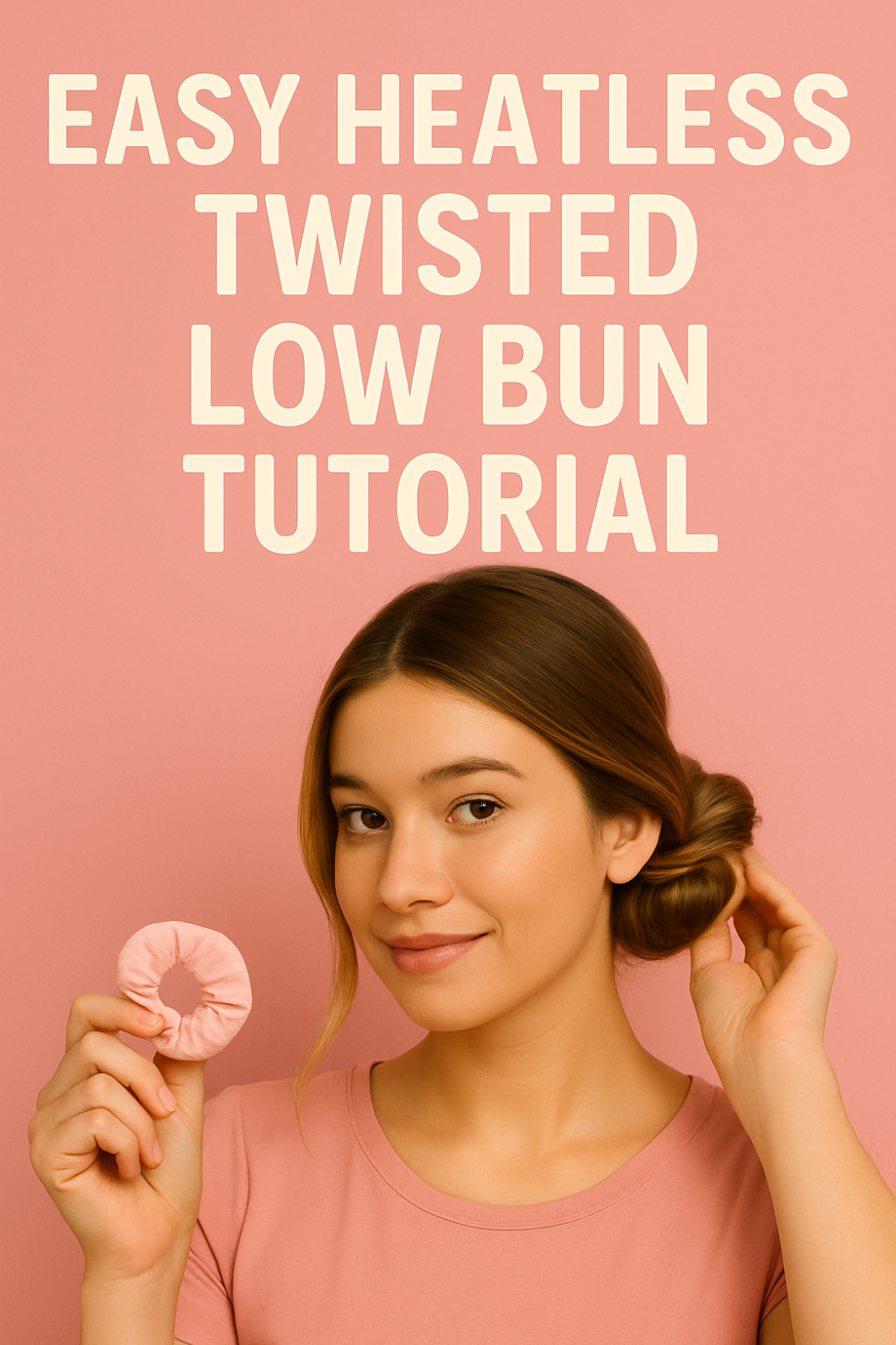 Young woman twists her hair into a low side bun and holds a pink scrunchie against a coral backdrop, demonstrating an easy heatless twisted low bun tutorial.