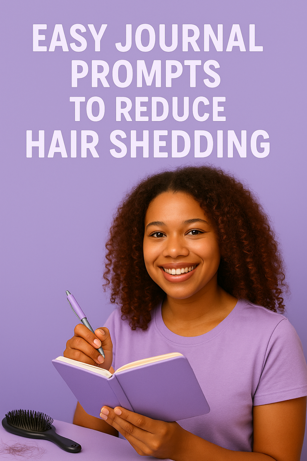 Curly-haired woman in a lavender top writes in a purple journal with a matching pen, a brush and stray hairs on a table, illustrating easy journal prompts to reduce hair shedding.