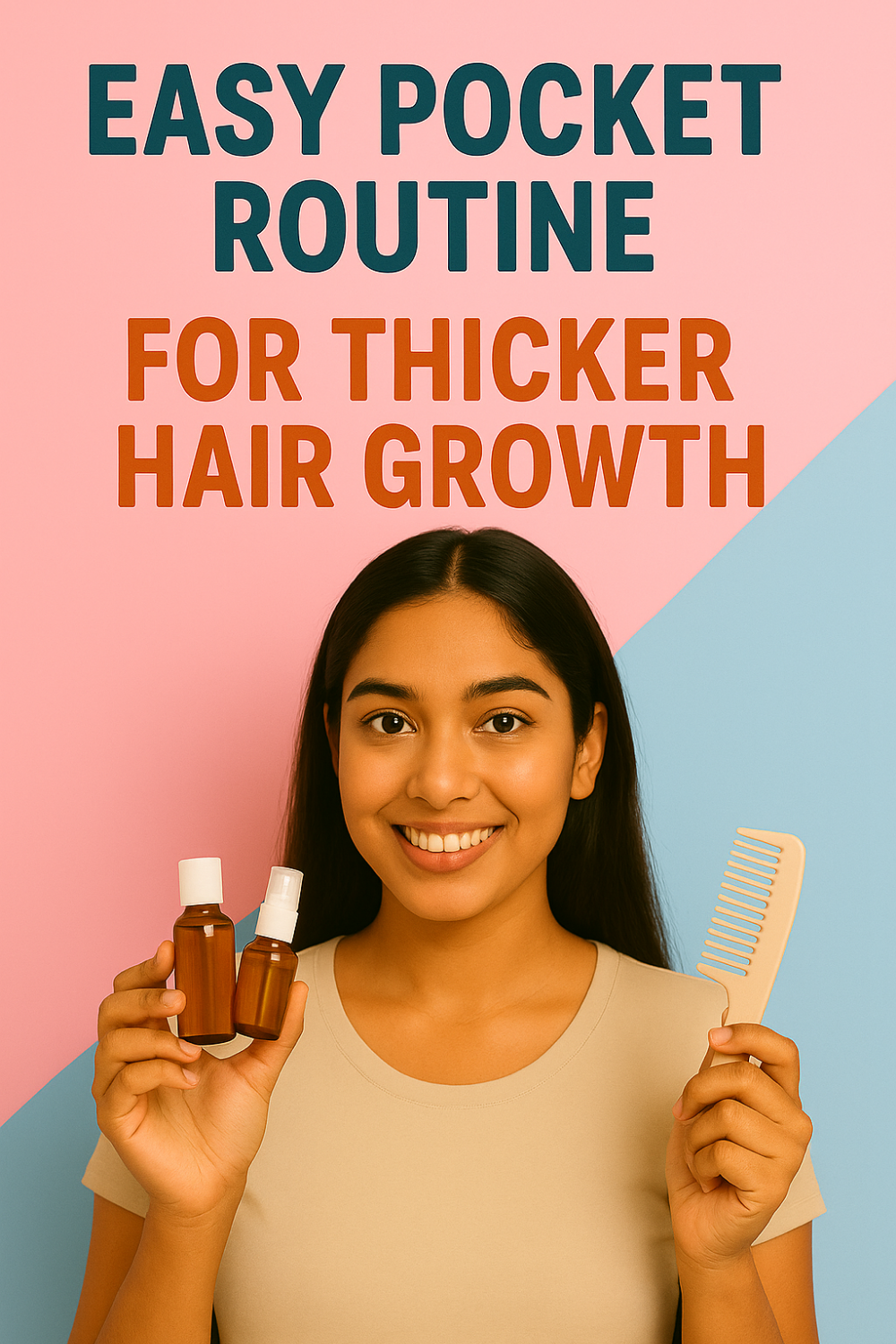 Smiling woman holds two small amber bottles and a wide-tooth comb against a pink and blue backdrop, illustrating an easy pocket routine for thicker hair growth.