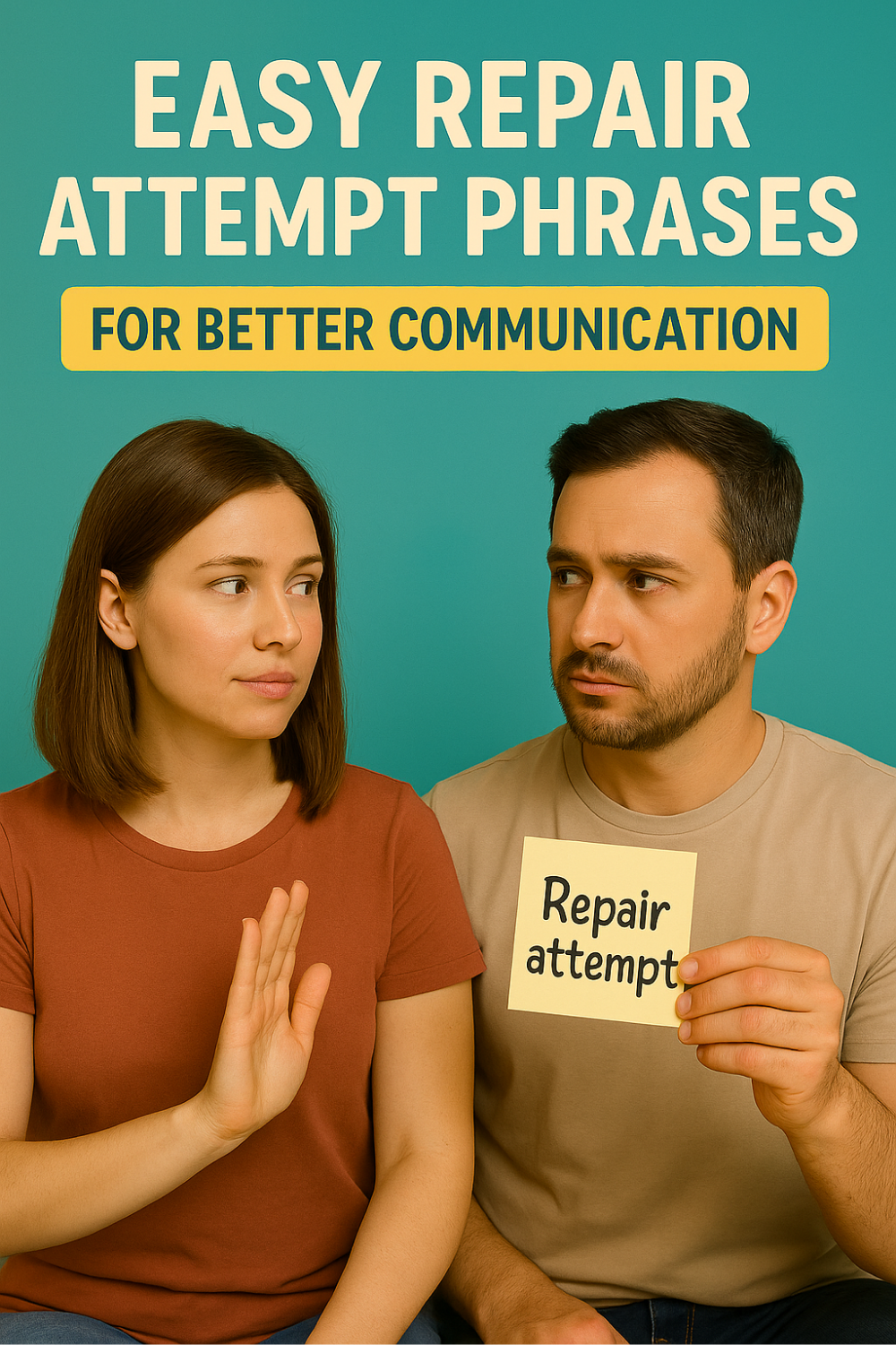 Couple mid-disagreement: she lifts a calming hand while he shows a “repair attempt” card, modeling easy phrases that rescue conversations and strengthen connection.