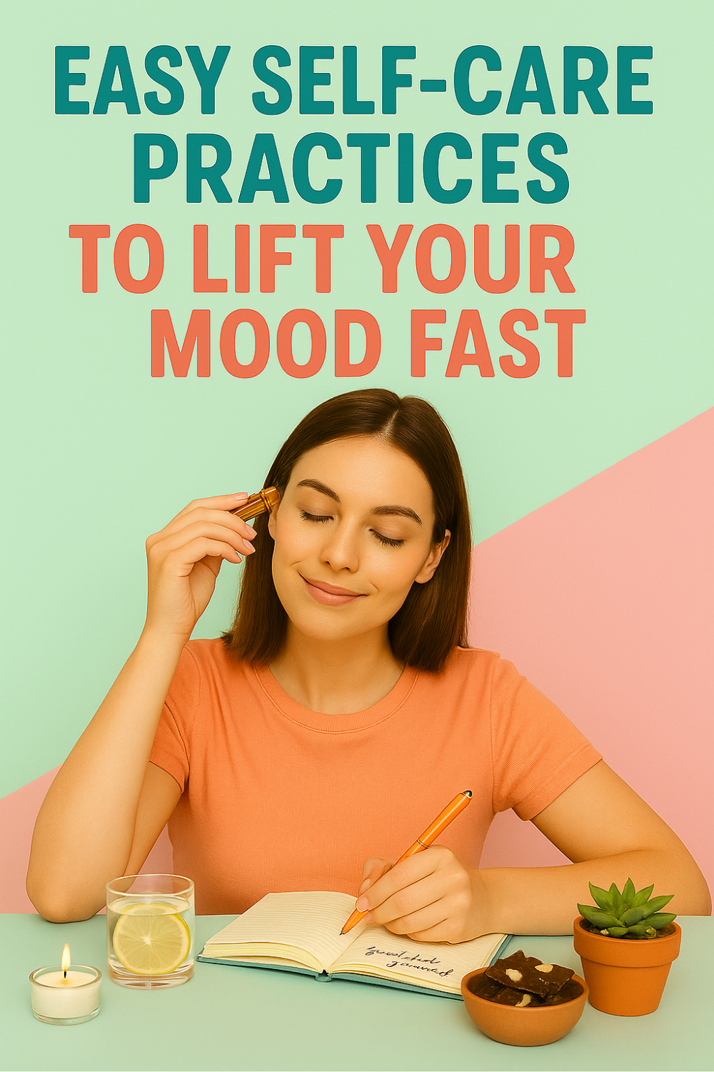 Woman rolls essential oil on her temple while journaling beside a candle, lemon water, chocolate, and a small plant—showing simple self-care rituals to lift spirits fast.