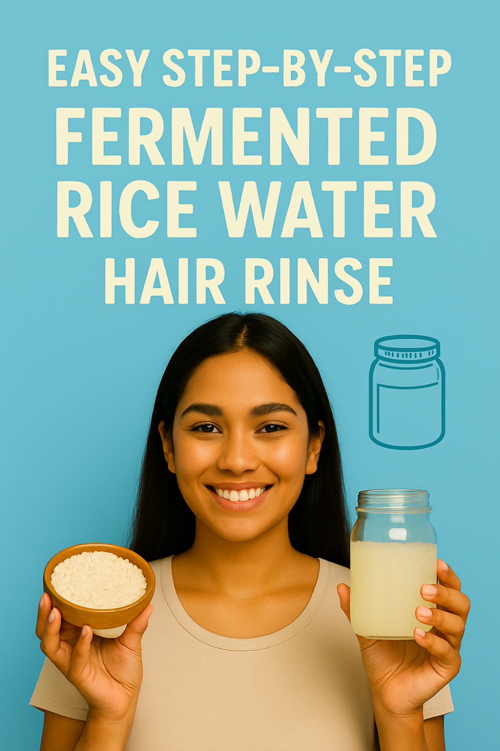 Smiling woman holds a wooden bowl of rice and a jar of fermented rice water rinse against a bright blue backdrop, showcasing an easy step-by-step fermented rice water hair rinse.