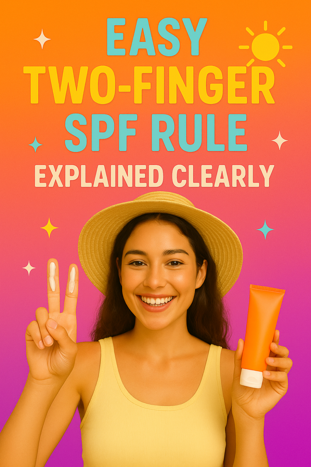 Smiling woman in a sunhat demonstrating the easy two-finger SPF rule by holding up two fingers with sunscreen applied along their length, clearly explained visually.
