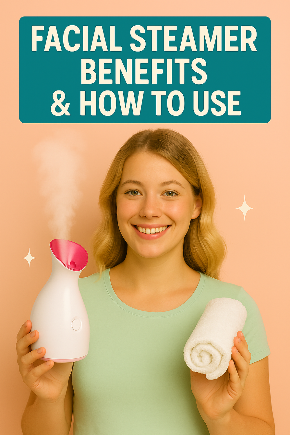 Woman holding a steaming facial steamer and a rolled towel under the heading “Facial Steamer Benefits & How to Use.”