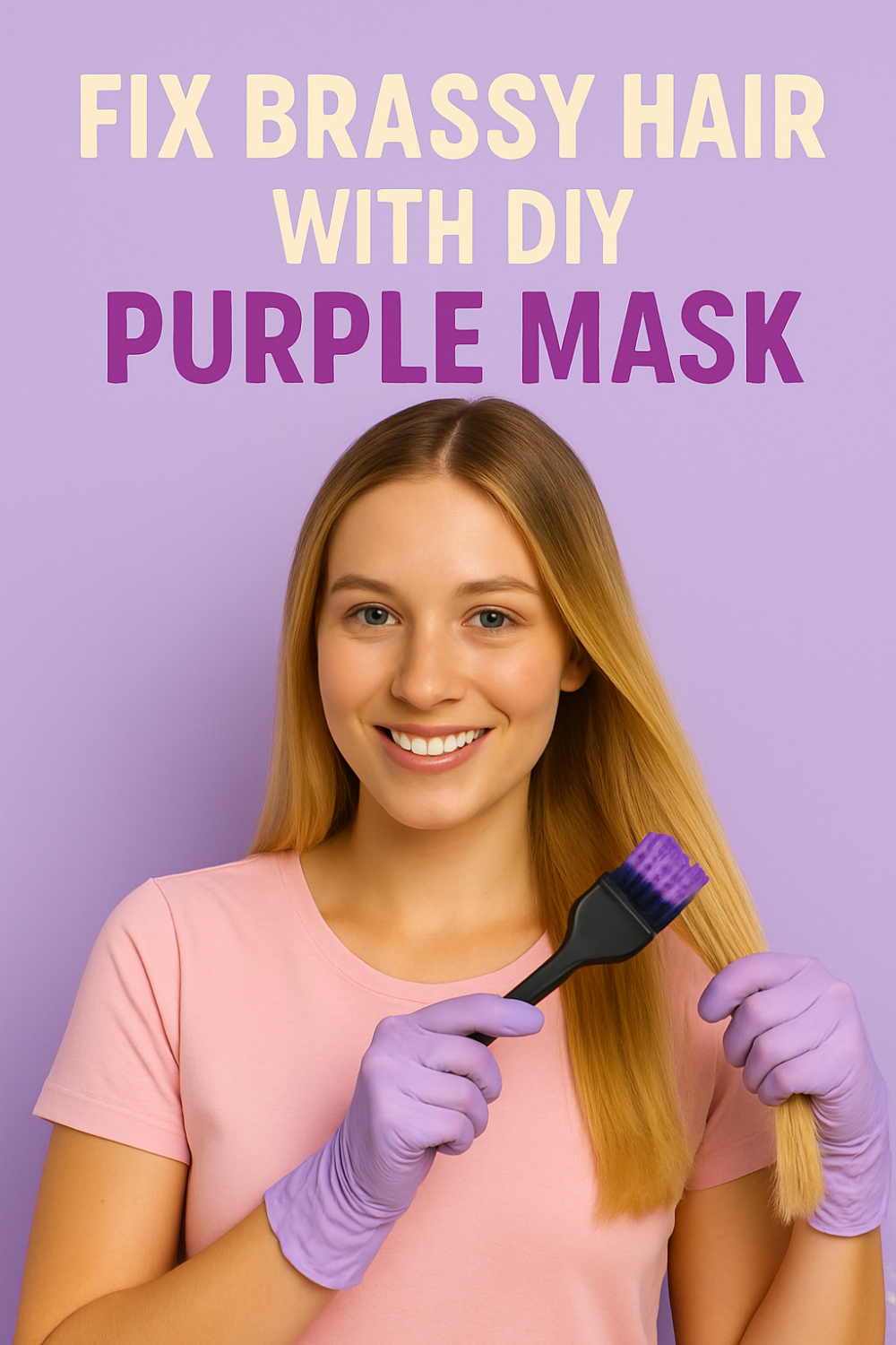Smiling woman wearing lavender gloves holds a brush loaded with purple mask to a blonde hair strand against a lilac backdrop, demonstrating how to fix brassy hair with a DIY purple mask.