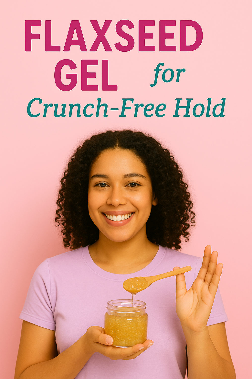 Smiling curly-haired woman holds a jar of golden flaxseed gel and a spoon dripping gel against a pastel pink backdrop, illustrating “Flaxseed Gel for Crunch-Free Hold.”
