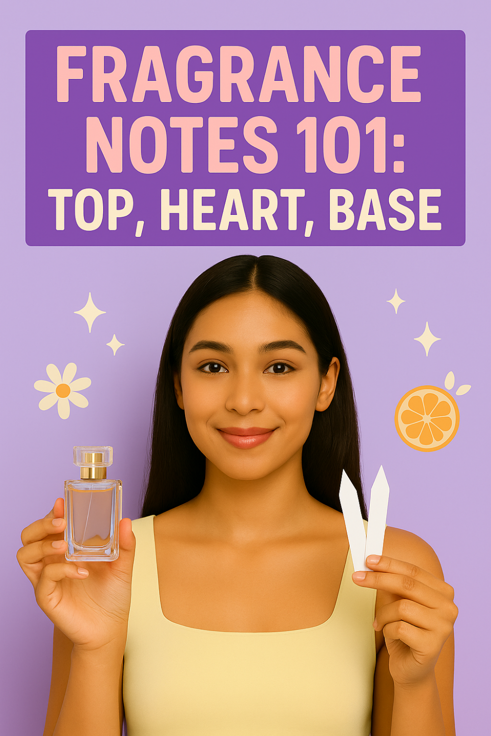 Woman holding a perfume bottle and scent strips beneath the text “Fragrance Notes 101: Top, Heart, Base.”
