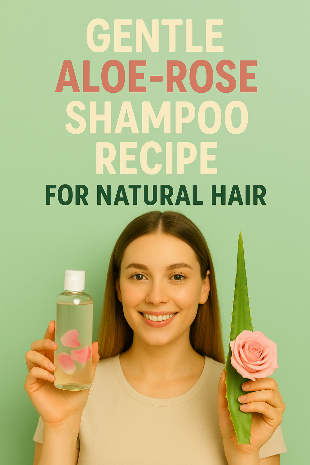 Smiling woman holds a clear shampoo bottle filled with rose petals and a fresh aloe leaf against a mint-green backdrop, illustrating a gentle aloe-rose shampoo recipe for natural hair.