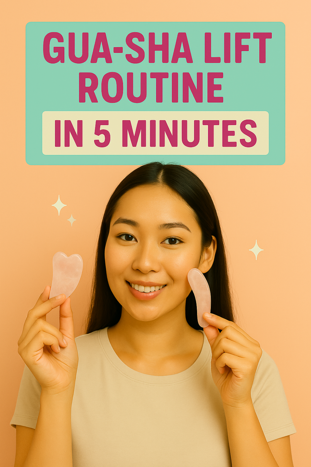 Woman smiling and holding two rose quartz gua sha tools under the text “Gua-Sha Lift Routine in 5 Minutes.”
