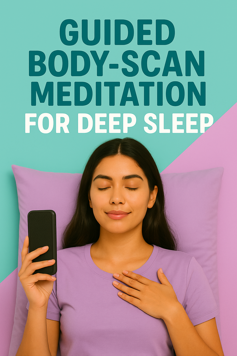 Relaxed woman lying comfortably on a purple pillow with eyes closed, holding a phone in one hand and placing her other hand gently over her heart, practicing Guided Body-Scan Meditation for Deep Sleep.