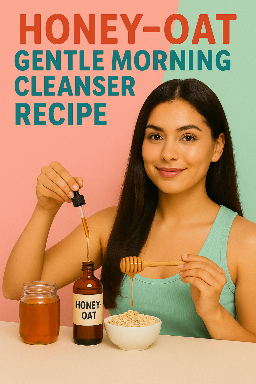 Woman smiling warmly, holding a honey dipper and dropper bottle, preparing ingredients for the "Honey-Oat Gentle Morning Cleanser Recipe," including a bowl of oats and a jar of honey.