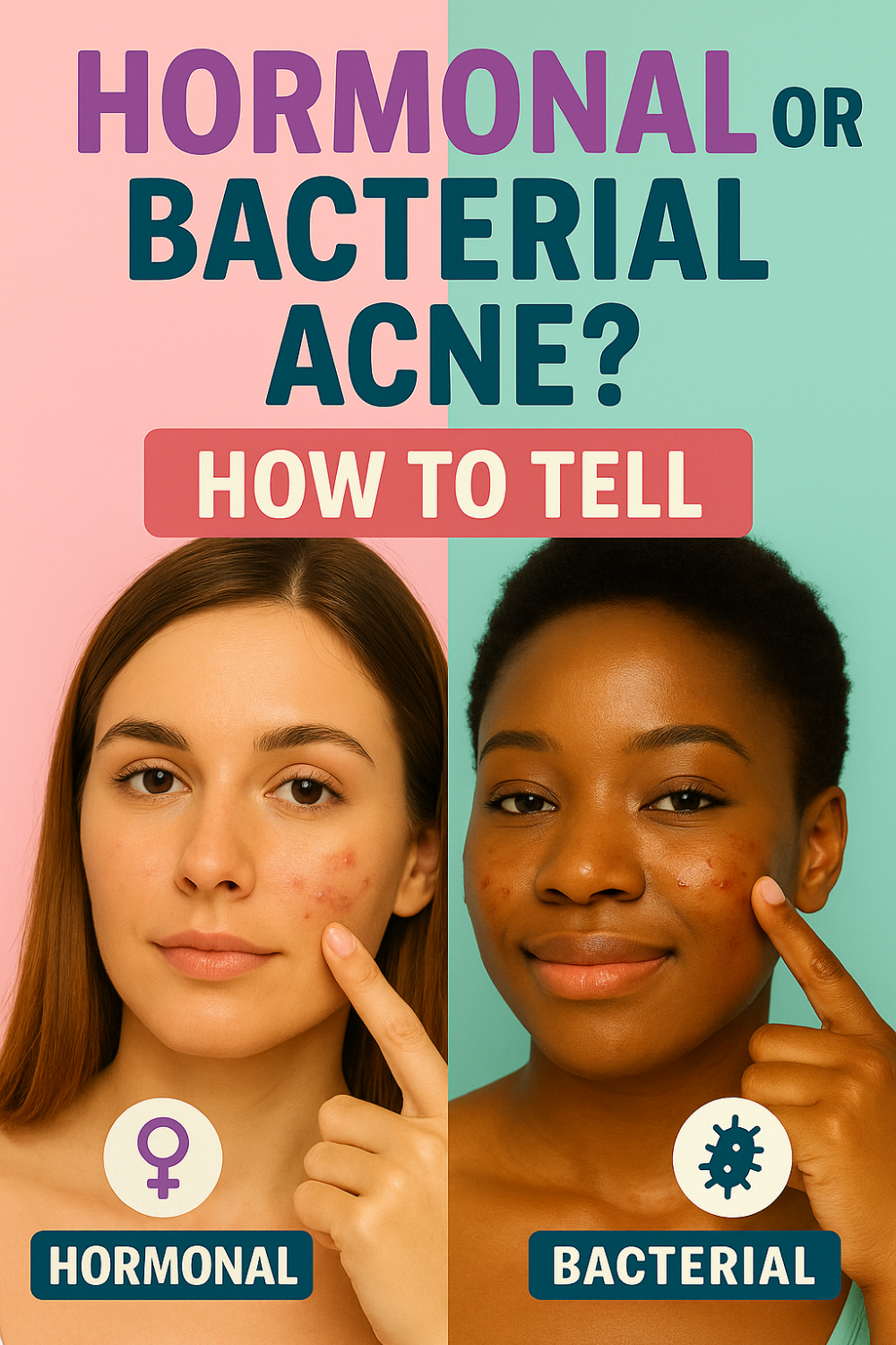 Two women pointing to acne on their faces, demonstrating how to tell hormonal acne (typically around the chin and jawline) from bacterial acne (typically on the cheeks), accompanied by labels and icons clearly distinguishing the two types. The headline reads: "Hormonal or Bacterial Acne? How to Tell."