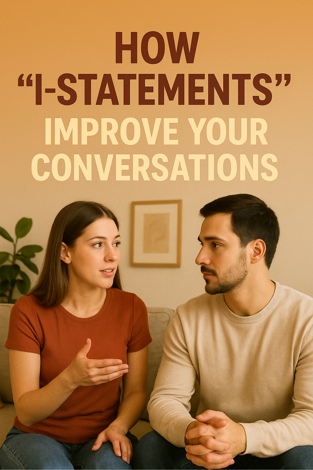 Couple sits on a sofa as the woman holds a handy active-listening cheat sheet, listening with a smile while her partner speaks—illustrating quick communication tips to strengthen their bond.