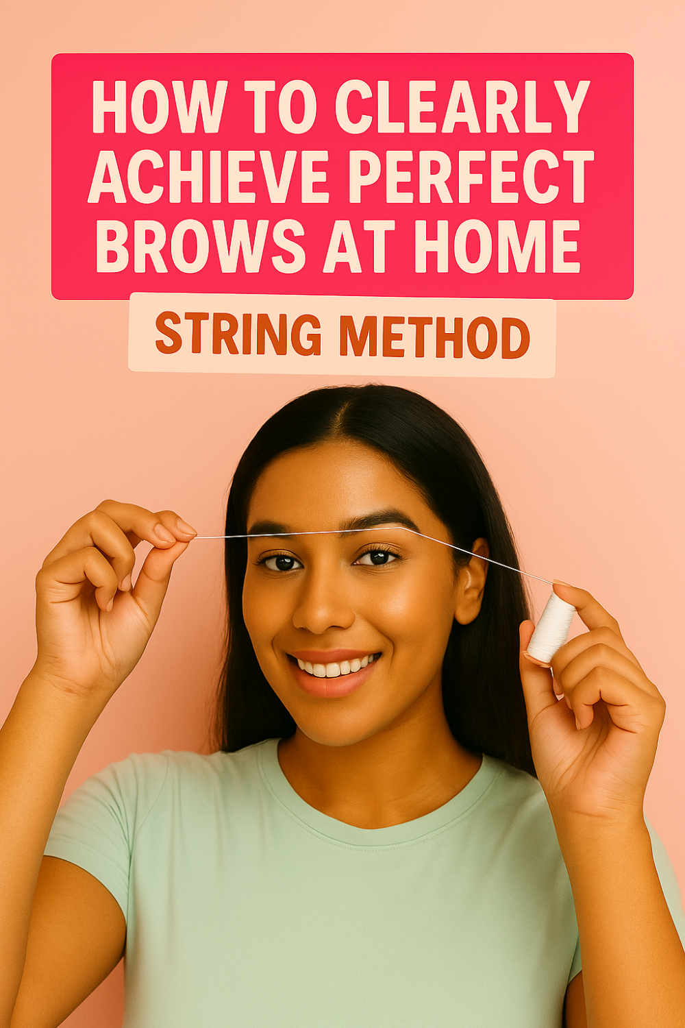 Woman threading her eyebrows with floss under the title “How to Clearly Achieve Perfect Brows at Home – String Method.”