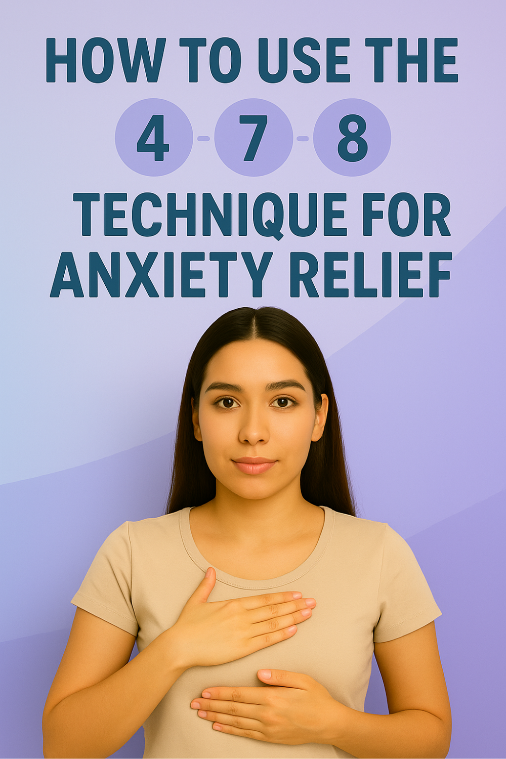 Calm young woman places one hand on her chest and one on her belly against a soft purple gradient, demonstrating how to use the 4-7-8 breathing technique for anxiety relief.