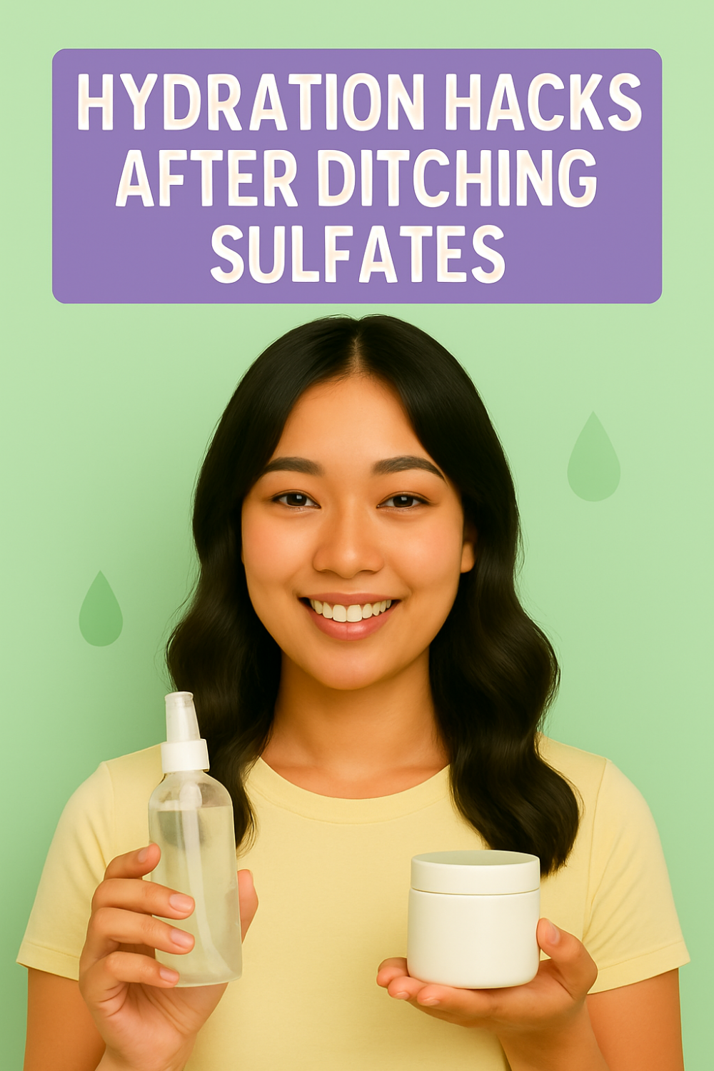 Smiling woman holding a spray bottle and a jar beneath the headline “Hydration Hacks After Ditching Sulfates.”