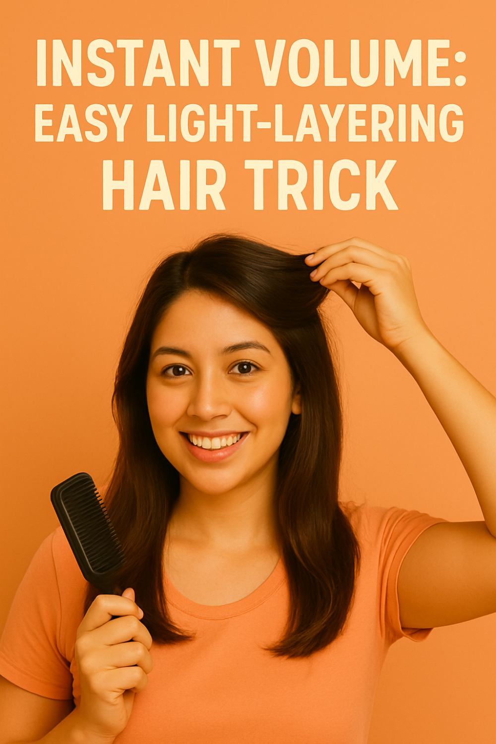 Smiling woman lifts a front hair section and holds a paddle brush against an orange background, demonstrating the instant volume easy light-layering hair trick.

