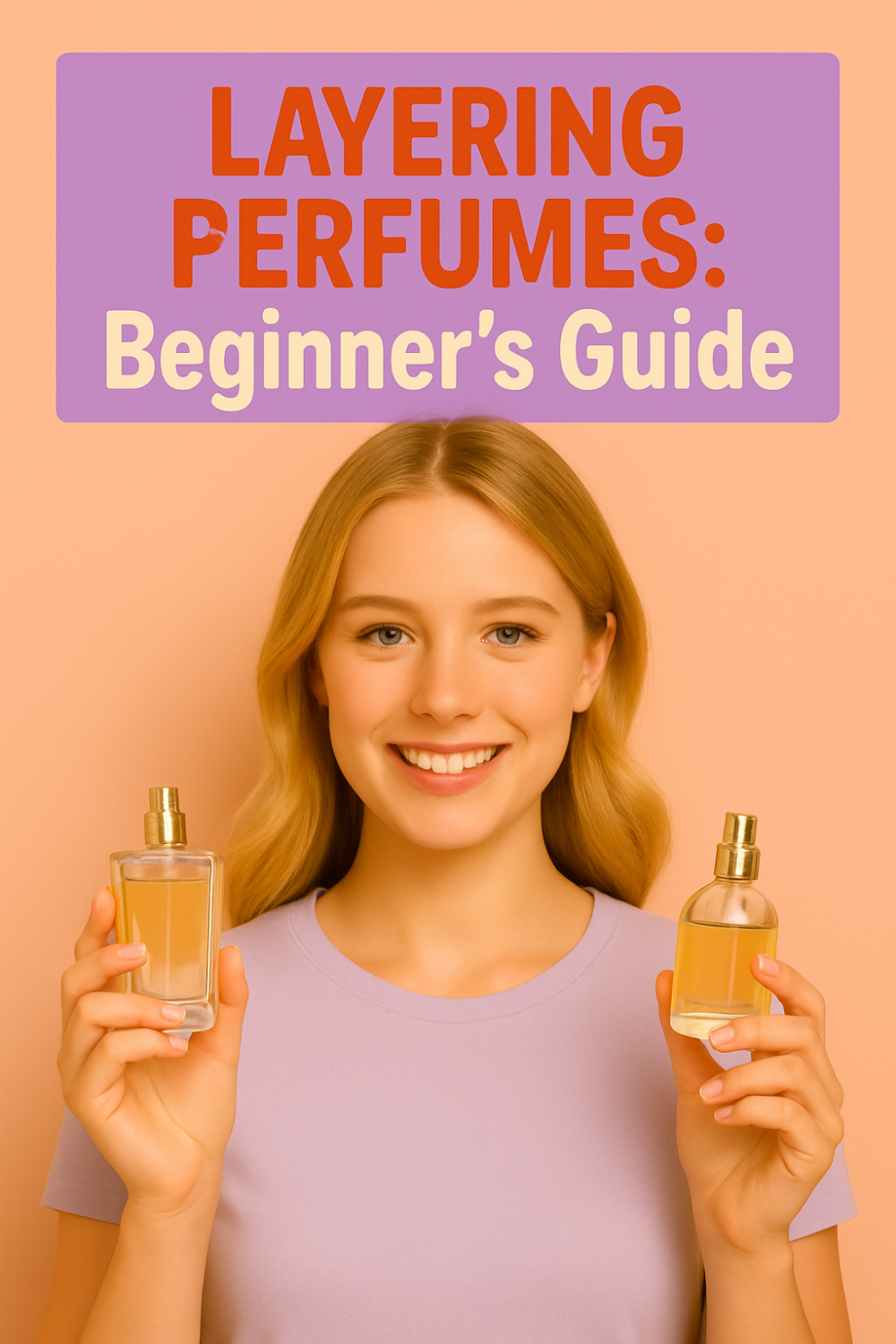 Smiling woman holding two perfume bottles beneath the headline “Layering Perfumes: Beginner’s Guide.”