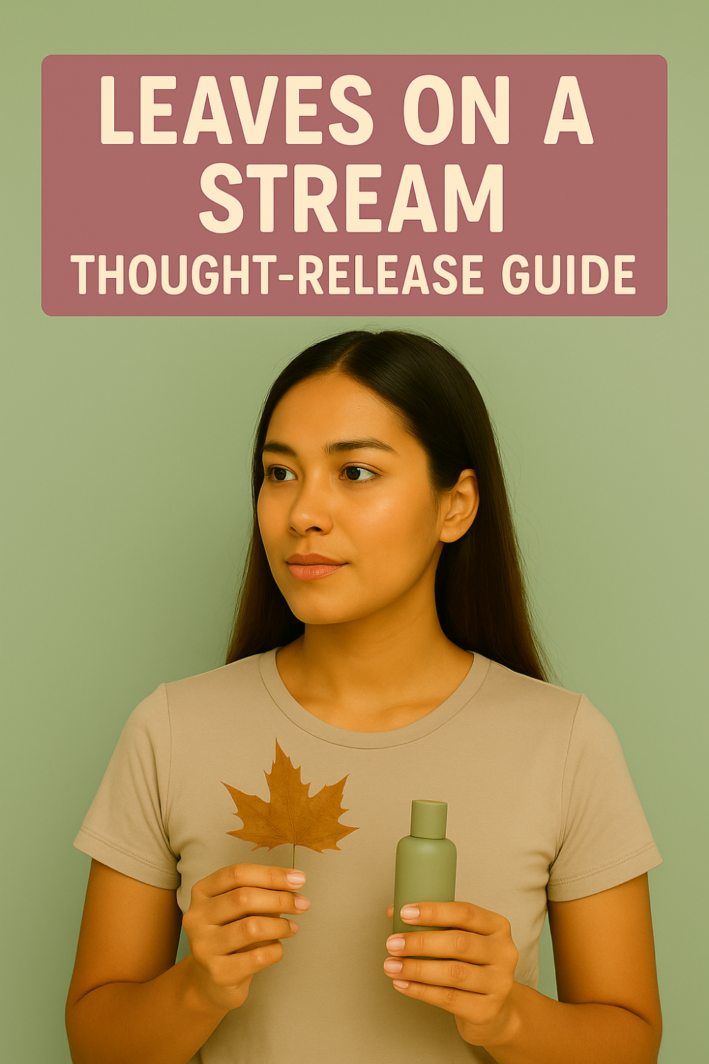 A calm-looking young woman stands against a muted sage-green background, holding a dried maple leaf in her left hand and a small green bottle in her right. Above her, bold text reads “LEAVES ON A STREAM THOUGHT-RELEASE GUIDE.”