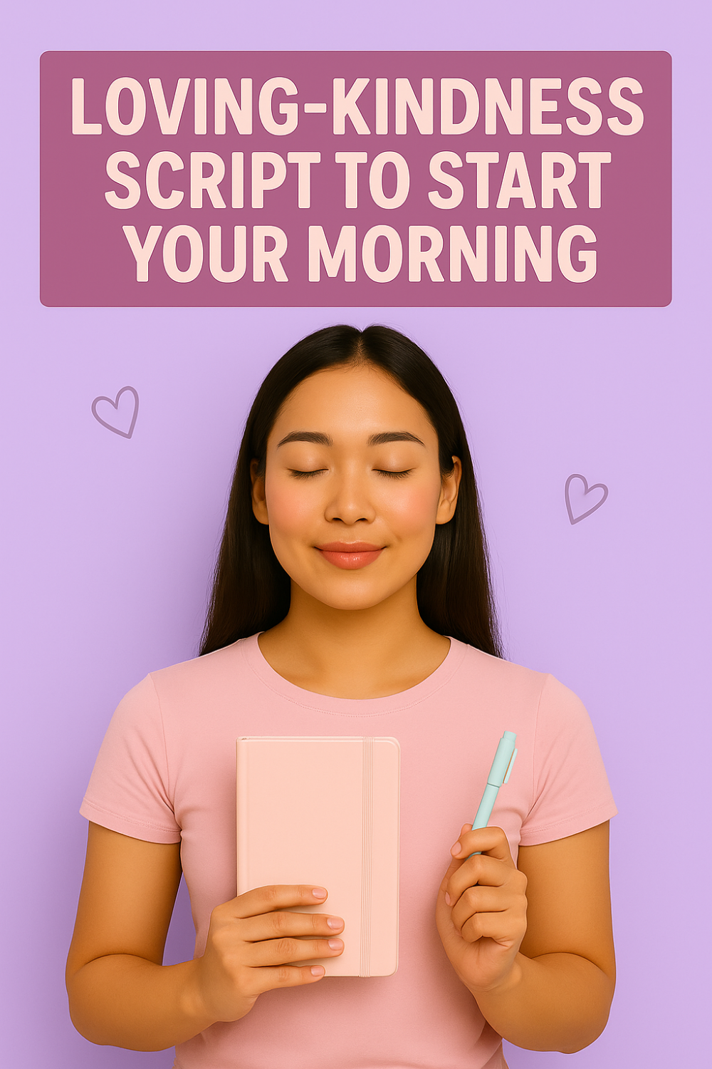 A young woman with long dark hair stands against a soft lavender background, eyes gently closed. She holds a closed pastel-pink notebook in one hand and a mint-green pen in the other. Above her, bold text reads “Loving-Kindness Script to Start Your Morning,” and two simple heart doodles float beside her shoulders.