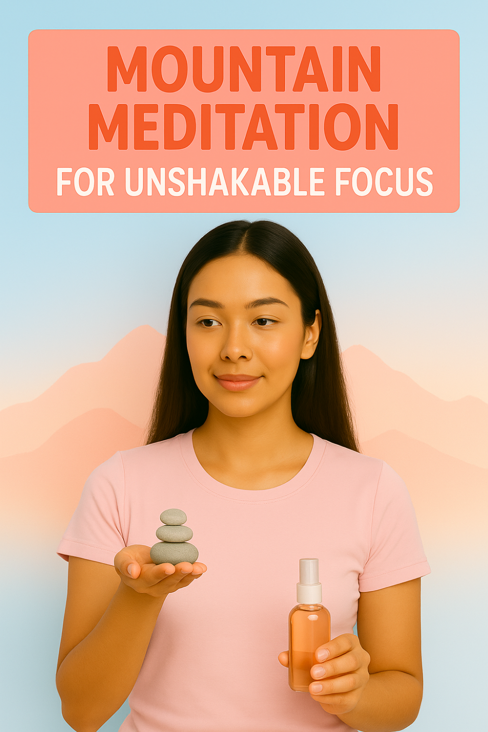 A calm young woman wearing a pale pink T-shirt stands before a soft blue-to-peach gradient backdrop with faint mountain silhouettes. In her left hand she balances a small stack of smooth gray stones, and in her right she holds a clear spray bottle. Above her, bold text on a peach-colored panel reads “MOUNTAIN MEDITATION FOR UNSHAKABLE FOCUS.”