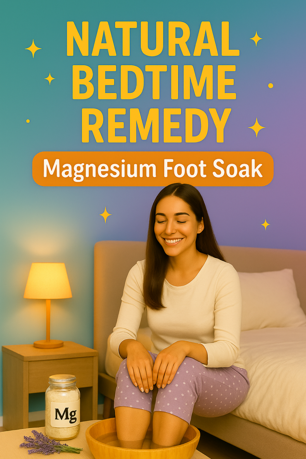  Woman relaxing before bed, smiling gently as she enjoys a calming magnesium foot soak in a cozy bedroom environment softly lit by a bedside lamp.