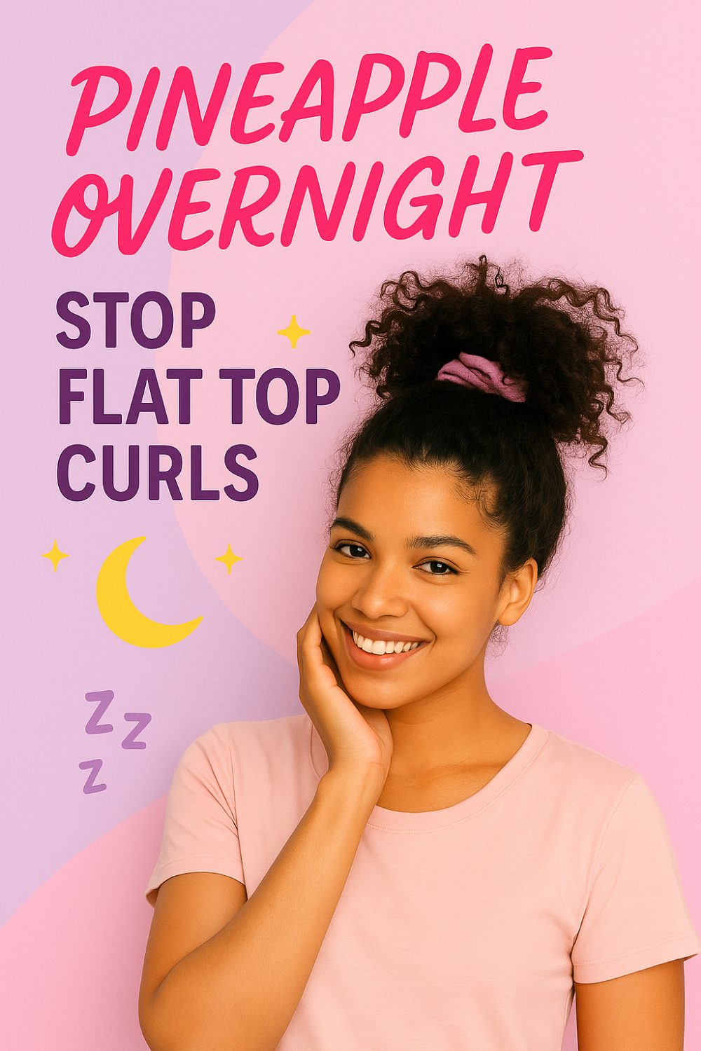 Young woman with curly hair styled in a high “pineapple” ponytail on a pastel backdrop, demonstrating pineapple overnight to stop flat top curls.