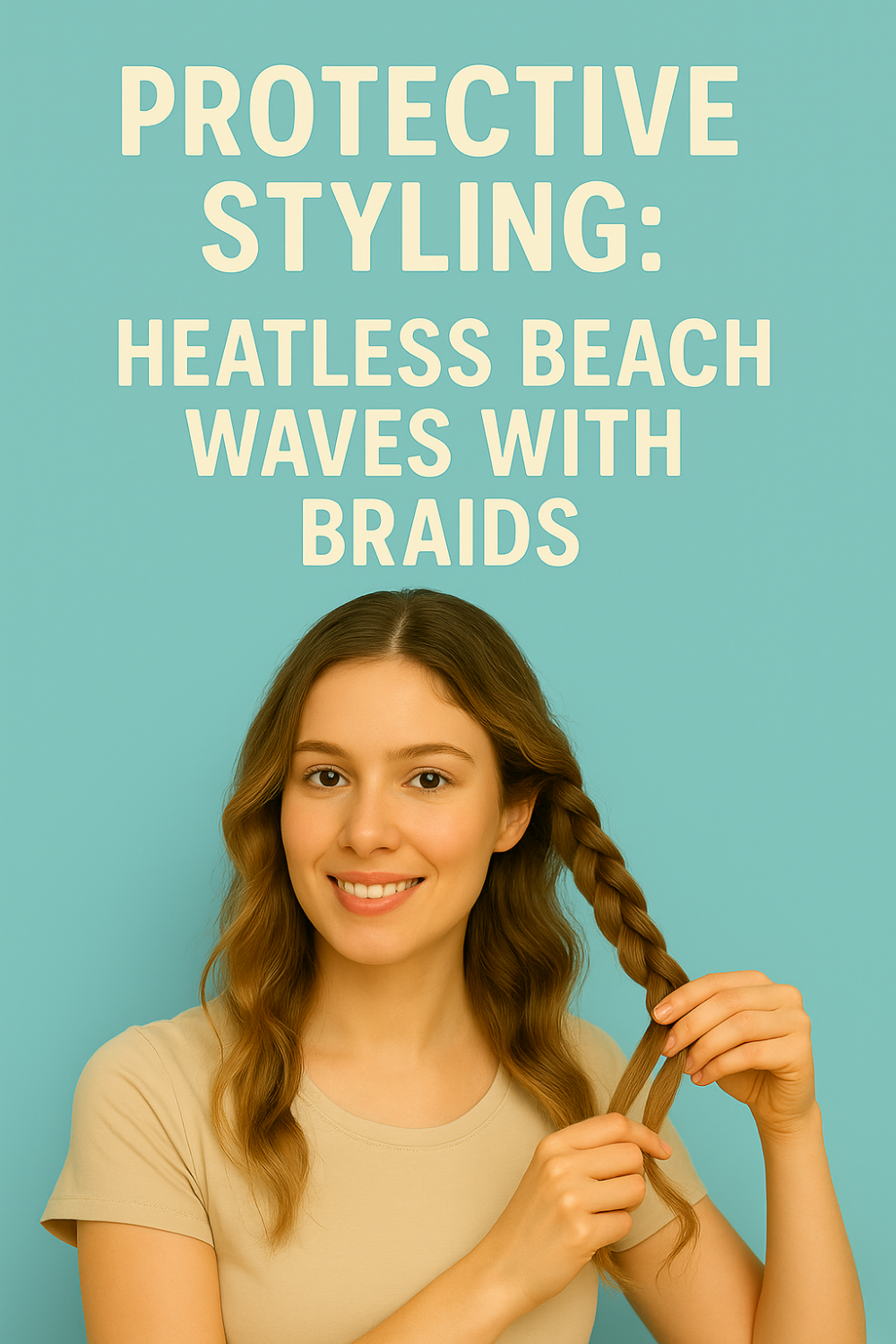 Smiling woman pulls a side braid against a turquoise backdrop, demonstrating protective styling: heatless beach waves with braids.
