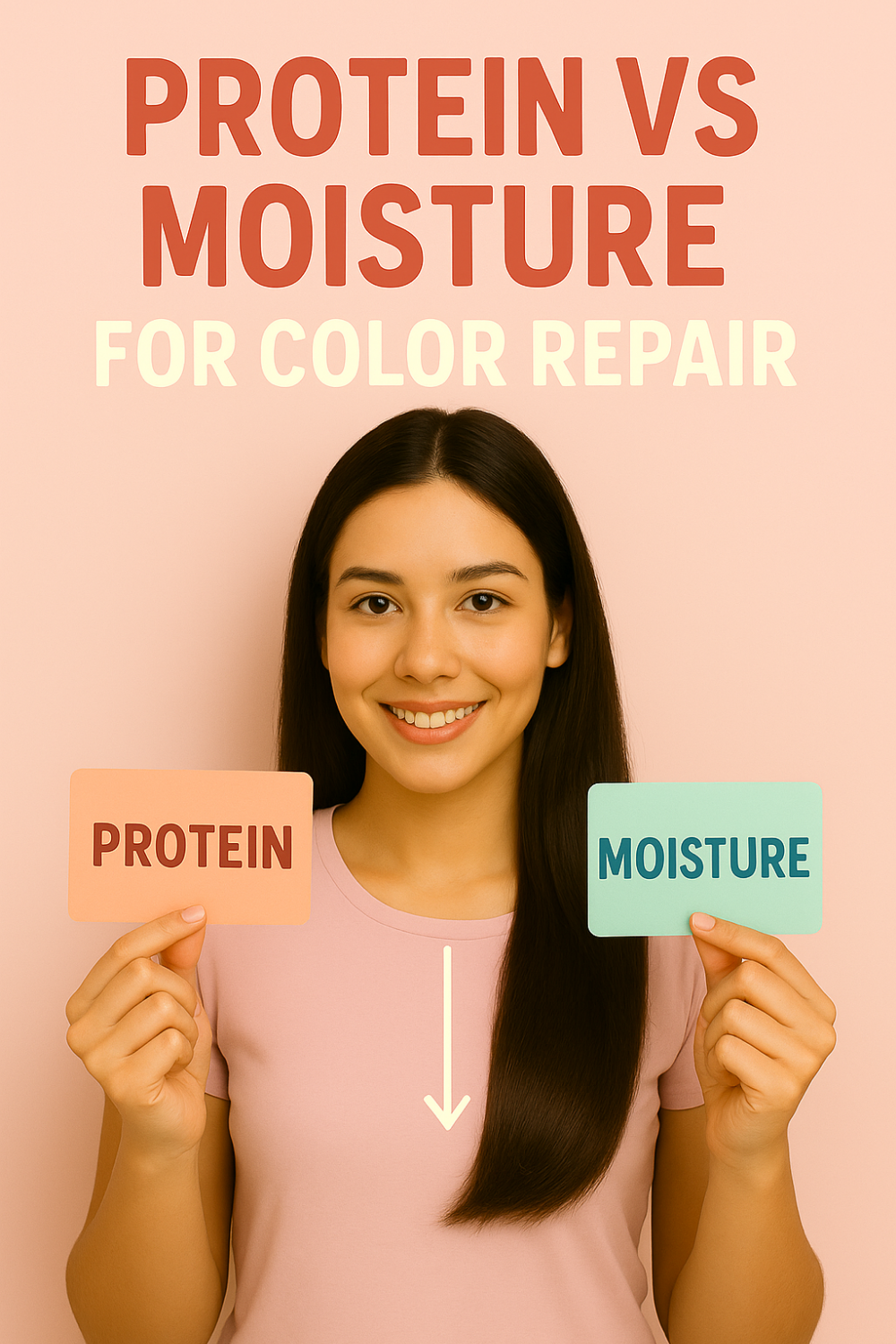 Woman holds a peach card reading Protein and a mint card reading Moisture against a soft peach backdrop, arrow pointing to her long colored hair, illustrating protein vs moisture for color repair.
