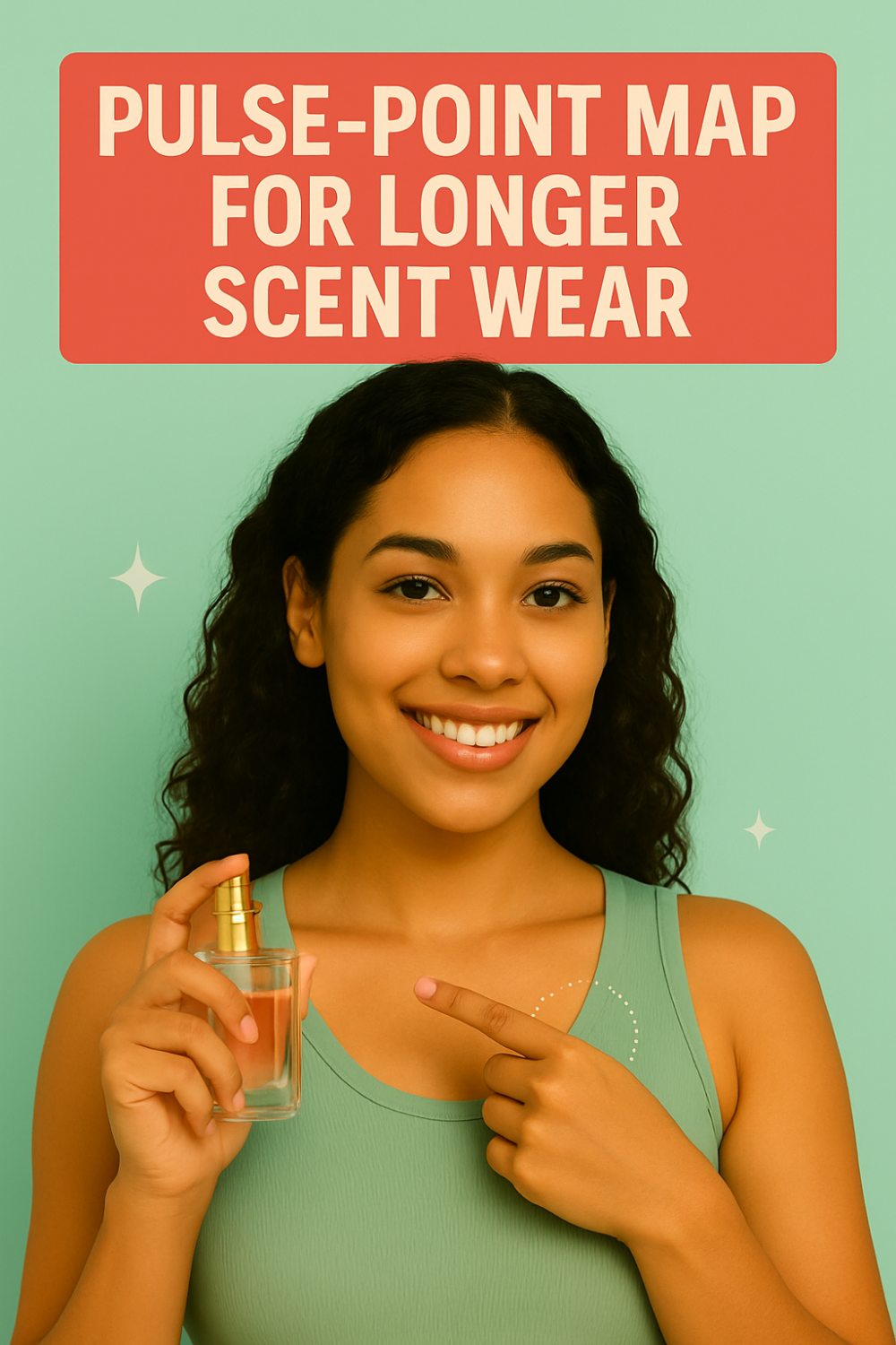 Smiling woman holding a perfume bottle at her wrist under the headline “Pulse-Point Map for Longer Scent Wear.”