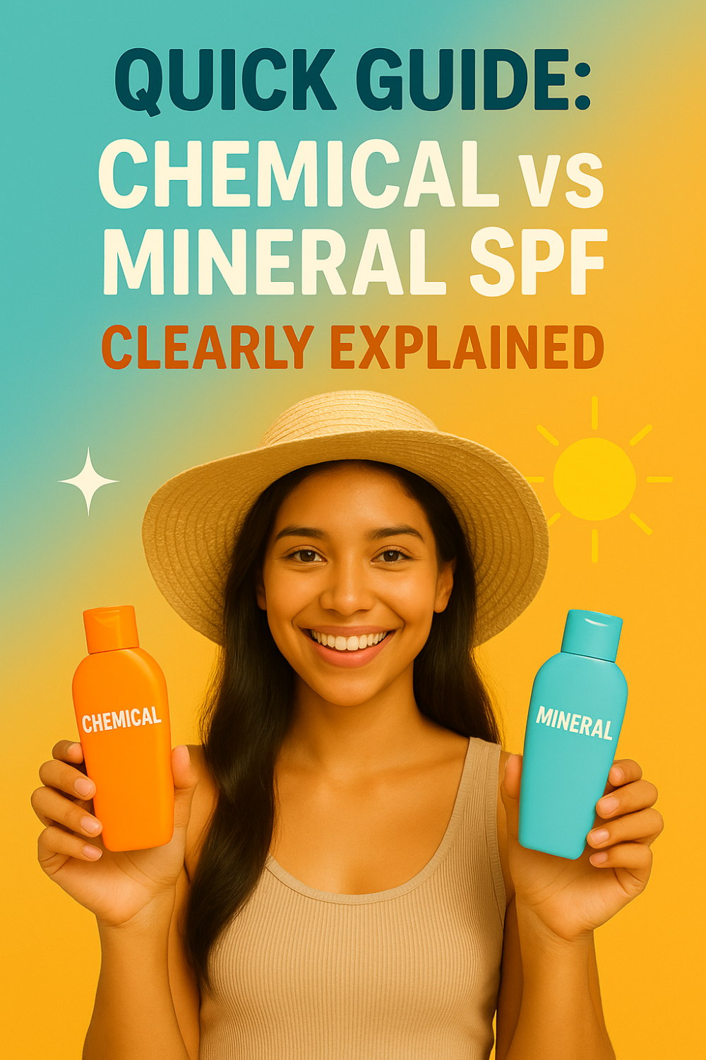 Smiling woman wearing a sunhat, holding two sunscreen bottles labeled "chemical" and "mineral," visually representing the quick guide on chemical vs mineral SPF, clearly explained.