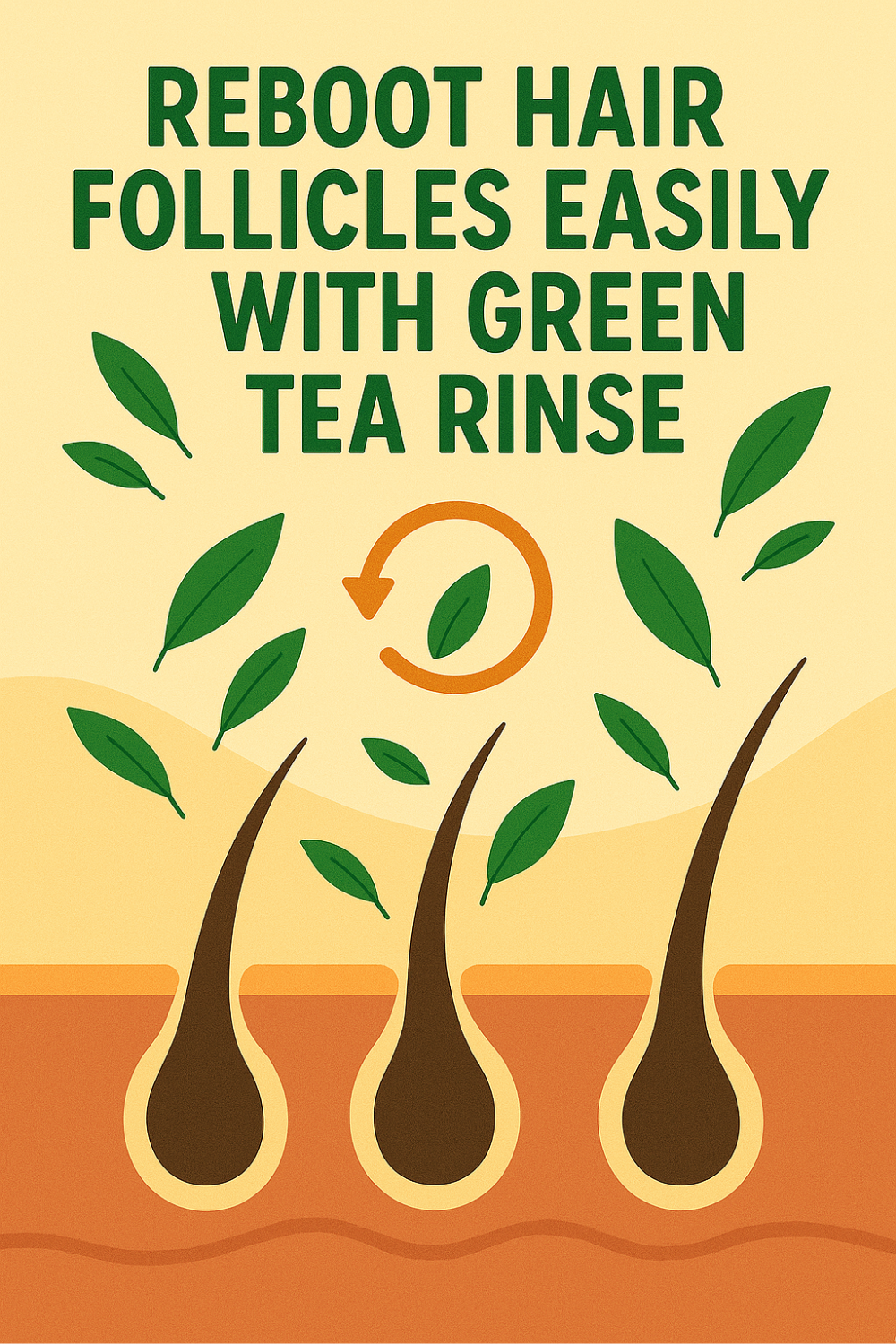 Illustration shows three healthy hair roots with swirling green tea leaves, hinting that a quick green-tea rinse can refresh follicles and boost scalp vitality.