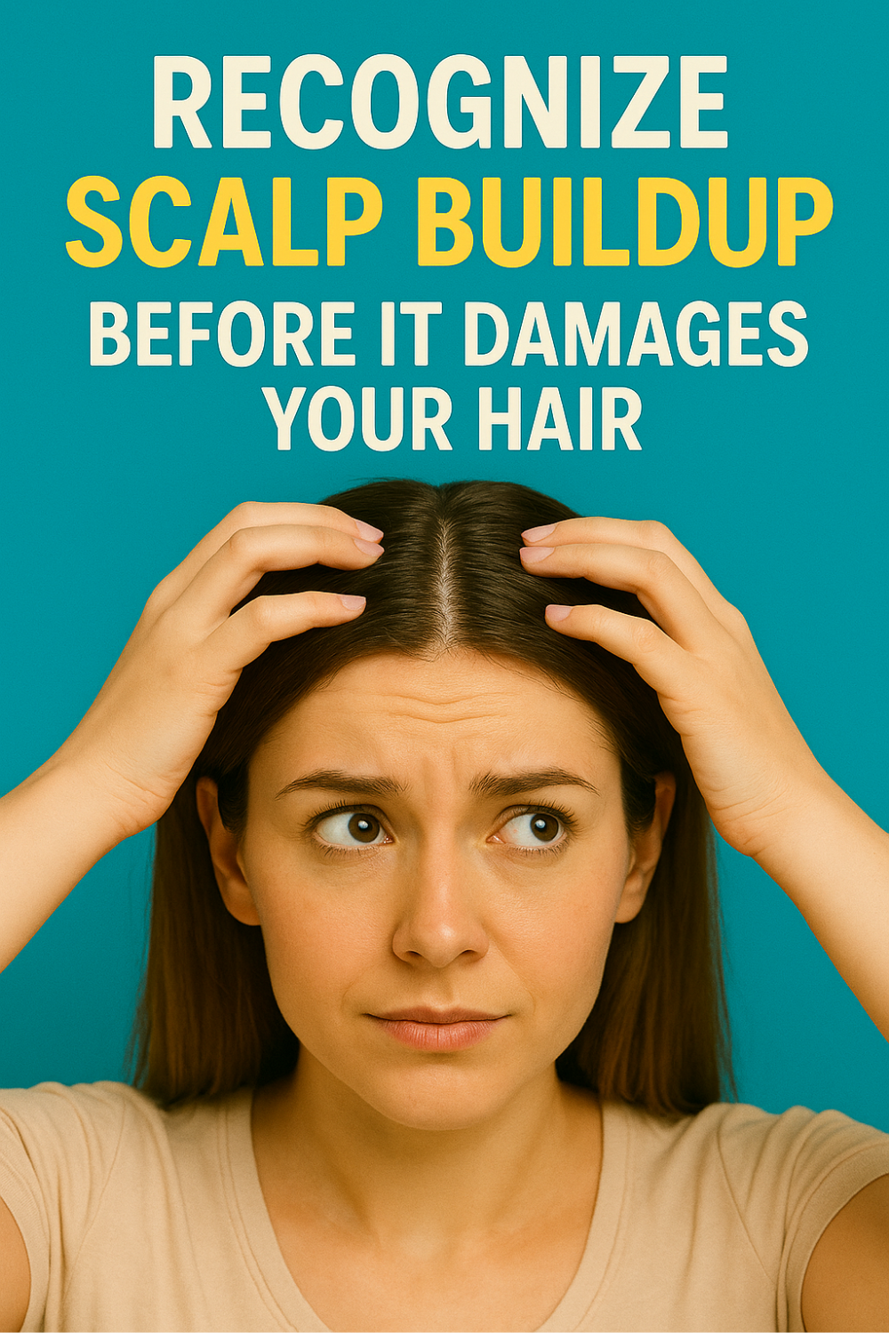 Concerned woman parts her hair and inspects her scalp, showing how to spot buildup early and prevent hair damage.