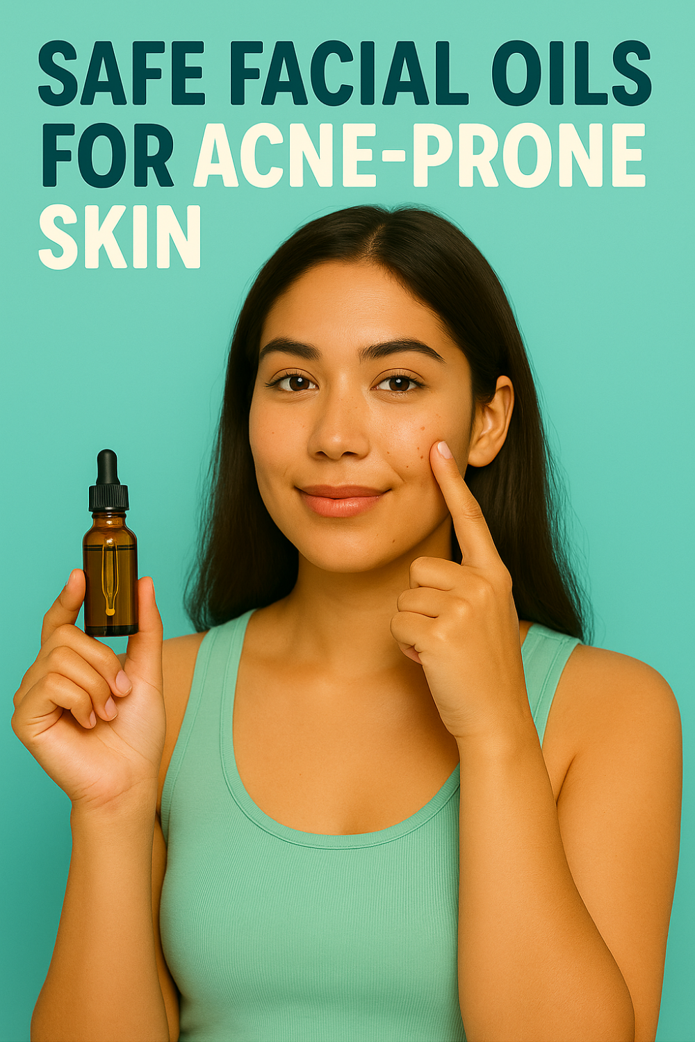 Woman with clear skin smiling softly and pointing to her cheek while holding a bottle of facial oil against a turquoise background. The headline reads: "Safe Facial Oils for Acne-Prone Skin."