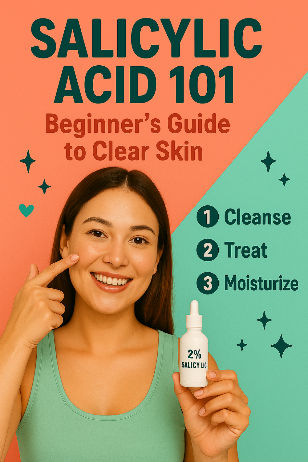 A smiling woman holds a skincare serum labeled "2% Salicylic," pointing to her clear skin, demonstrating the effectiveness of salicylic acid. Next to her is a simple skincare routine with three steps: Cleanse, Treat, Moisturize. The headline reads: "Salicylic Acid 101: Beginner’s Guide to Clear Skin."