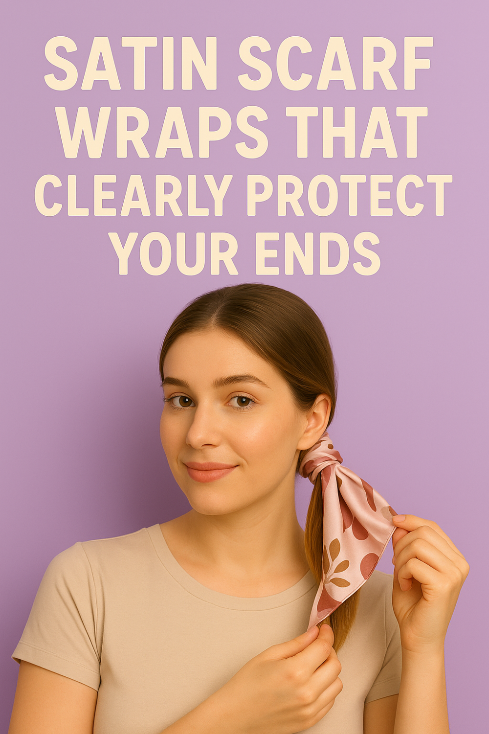Woman ties a patterned pink satin scarf around her ponytail ends against a lavender backdrop, illustrating satin scarf wraps that clearly protect your ends.