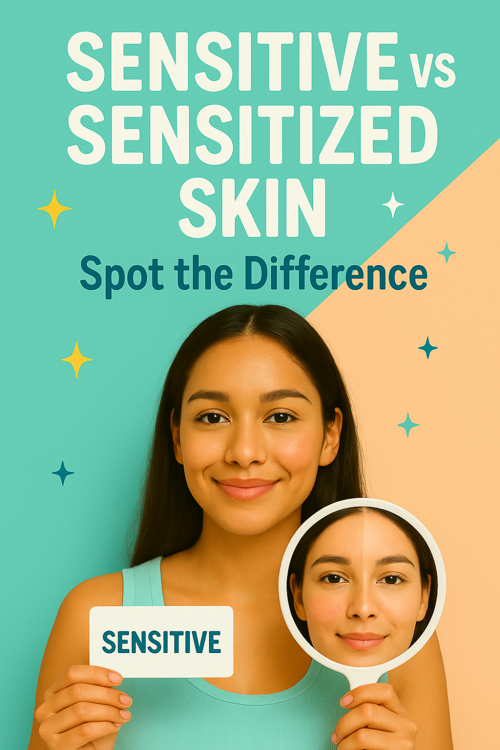  Smiling woman illustrating sensitive vs sensitized skin, holding a card labeled "Sensitive" and a magnifying glass over her face to clearly spot the difference.
