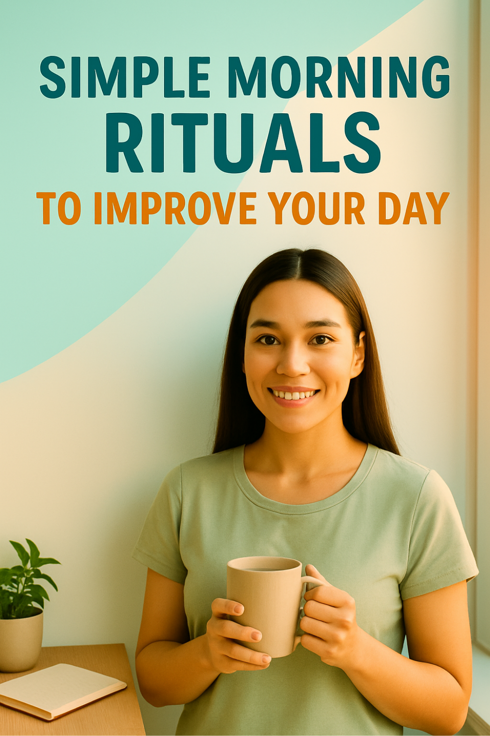 A woman stands by a softly lit window, holding a warm mug and smiling—capturing the idea that a calm drink, natural light, and a moment of mindfulness can serve as simple morning rituals to set a positive tone for the day.