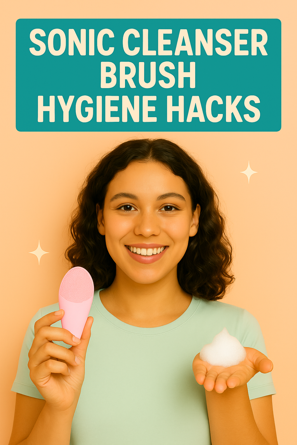 Woman smiling and holding a pink sonic cleansing brush and a handful of foam beneath the text “Sonic Cleanser Brush Hygiene Hacks.”
