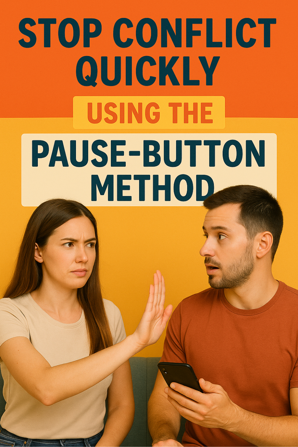 Frustrated woman lifts a “pause” hand toward her shocked partner, modeling a quick conflict-stopping trick that resets tension like hitting a pause button on arguments.