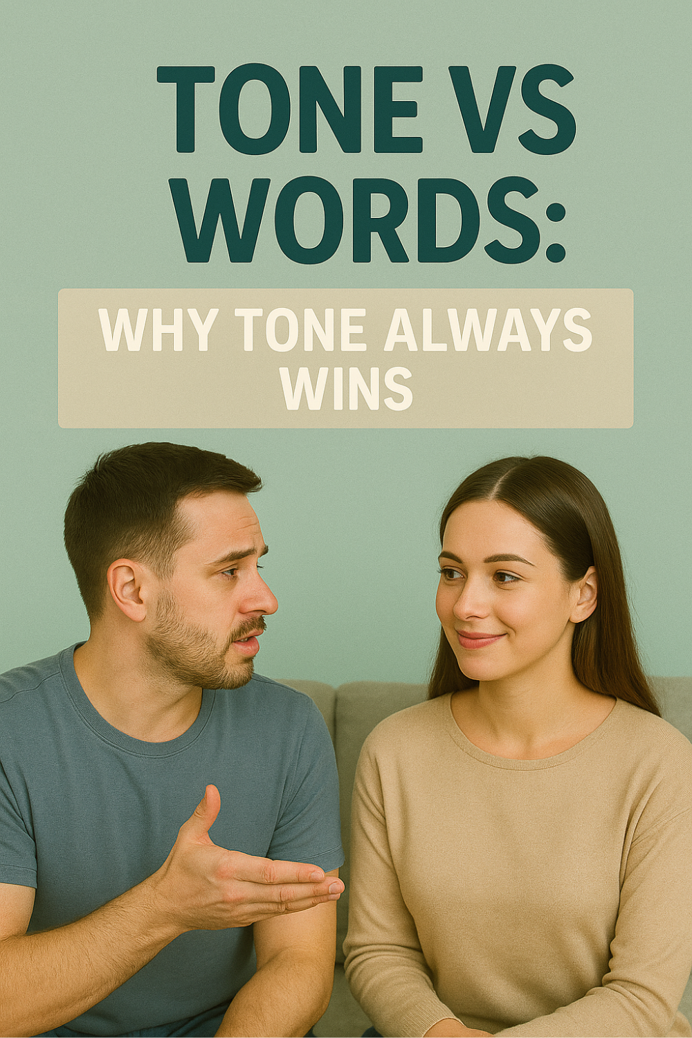 Couple on a couch talk—he gestures earnestly while she listens with a calm smile—showing how vocal tone can carry more weight than the actual words in a conversation.