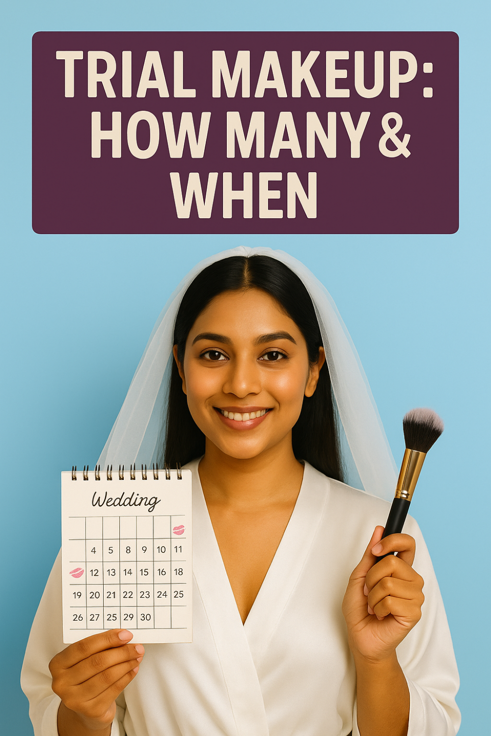 A smiling bride in a white robe and veil holds up a small calendar labeled “Wedding,” with lipstick-kiss icons marking several dates, and in her other hand she holds a fluffy makeup brush, beneath the heading “Trial Makeup: How Many & When.”