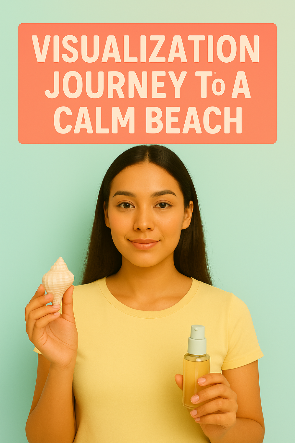 A serene young woman stands against a soft mint-green background, wearing a pale yellow T-shirt. She holds a large seashell in her left hand and a small spray bottle in her right, while above her head bold lettering reads “VISUALIZATION JOURNEY TO A CALM BEACH.”