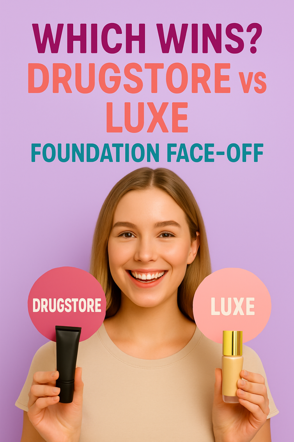A smiling young woman stands against a soft lavender backdrop, holding two foundation bottles at chest height. In her left hand is a sleek black tube labeled “Drugstore,” and in her right hand a frosted glass bottle with a gold cap labeled “Luxe.”