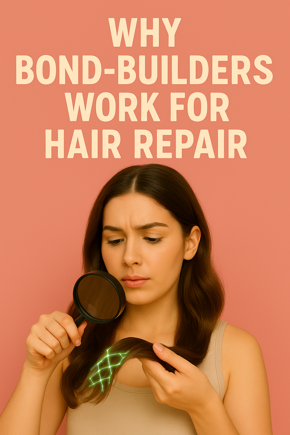 Woman inspects a hair strand through a magnifying glass, green digital grid overlay on the ends, against a salmon background—clearly showing why bond-builders work for hair repair.