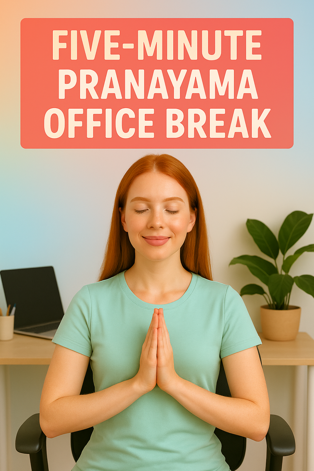 "Woman practicing pranayama with eyes closed and hands in prayer position at her office desk, promoting a five-minute mindful breathing break."