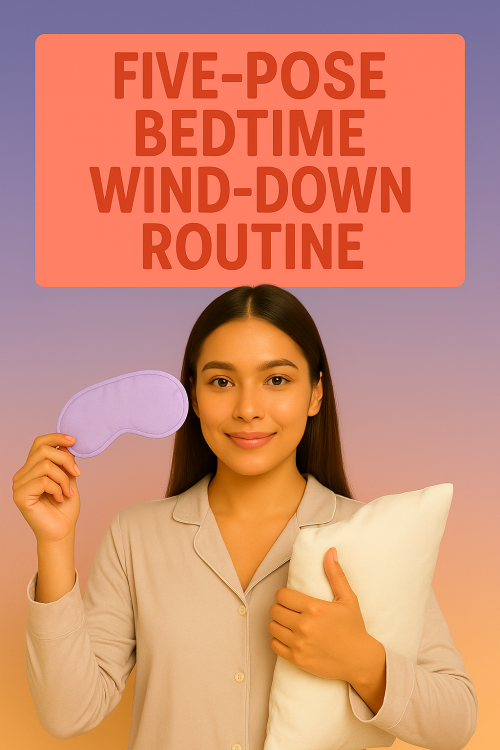 A young woman in beige pajamas stands against a soft twilight gradient background, holding a lavender eye mask in her right hand and hugging a white pillow in her left, beneath a bold header that reads “FIVE-POSE BEDTIME WIND-DOWN ROUTINE.”