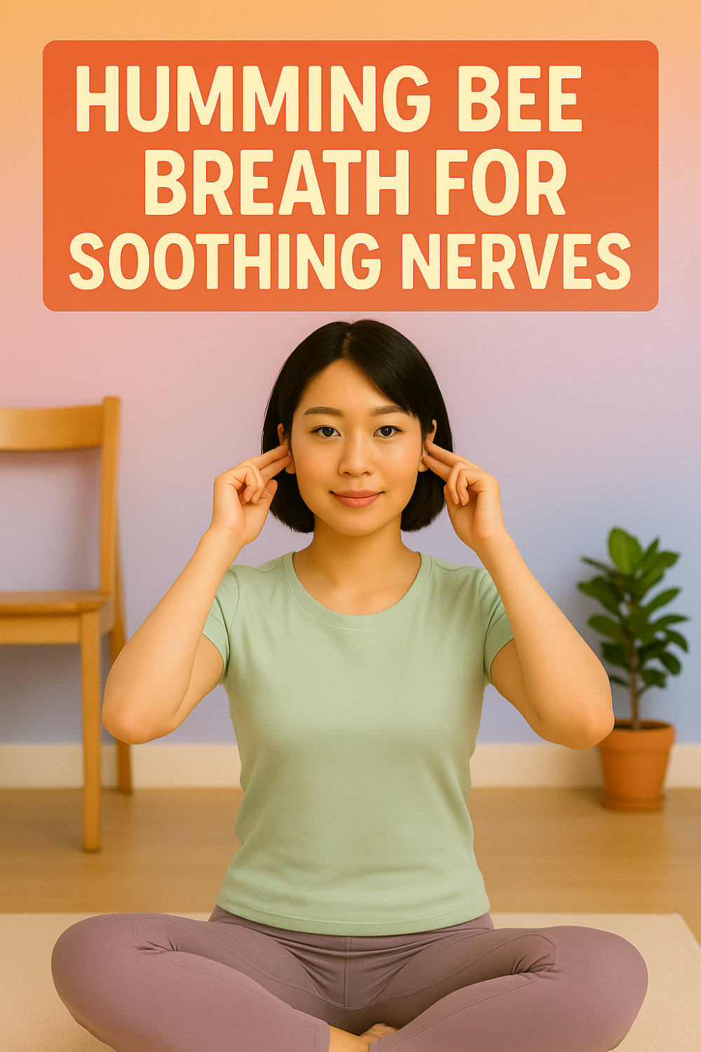 A young woman sits cross-legged on a yoga mat in a softly lit room, wearing a light green t-shirt and mauve leggings. She holds her index fingers gently in her ears as if practicing a breathing exercise. Behind her is a wooden chair and a potted plant, and above her head an orange banner reads “HUMMING BEE BREATH FOR SOOTHING NERVES.”
