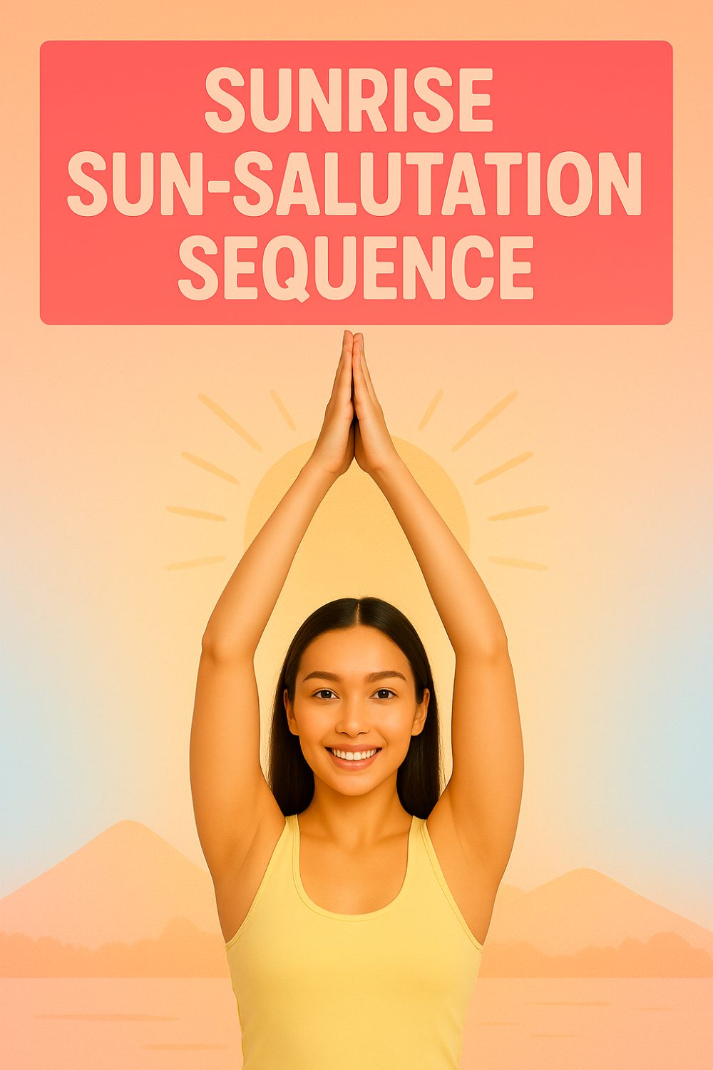 A smiling young woman in a yellow tank top stands with her arms raised overhead and hands pressed together in a prayer position. Behind her is a stylized rising sun and above her is a banner that reads “Sunrise Sun-Salutation Sequence.”
